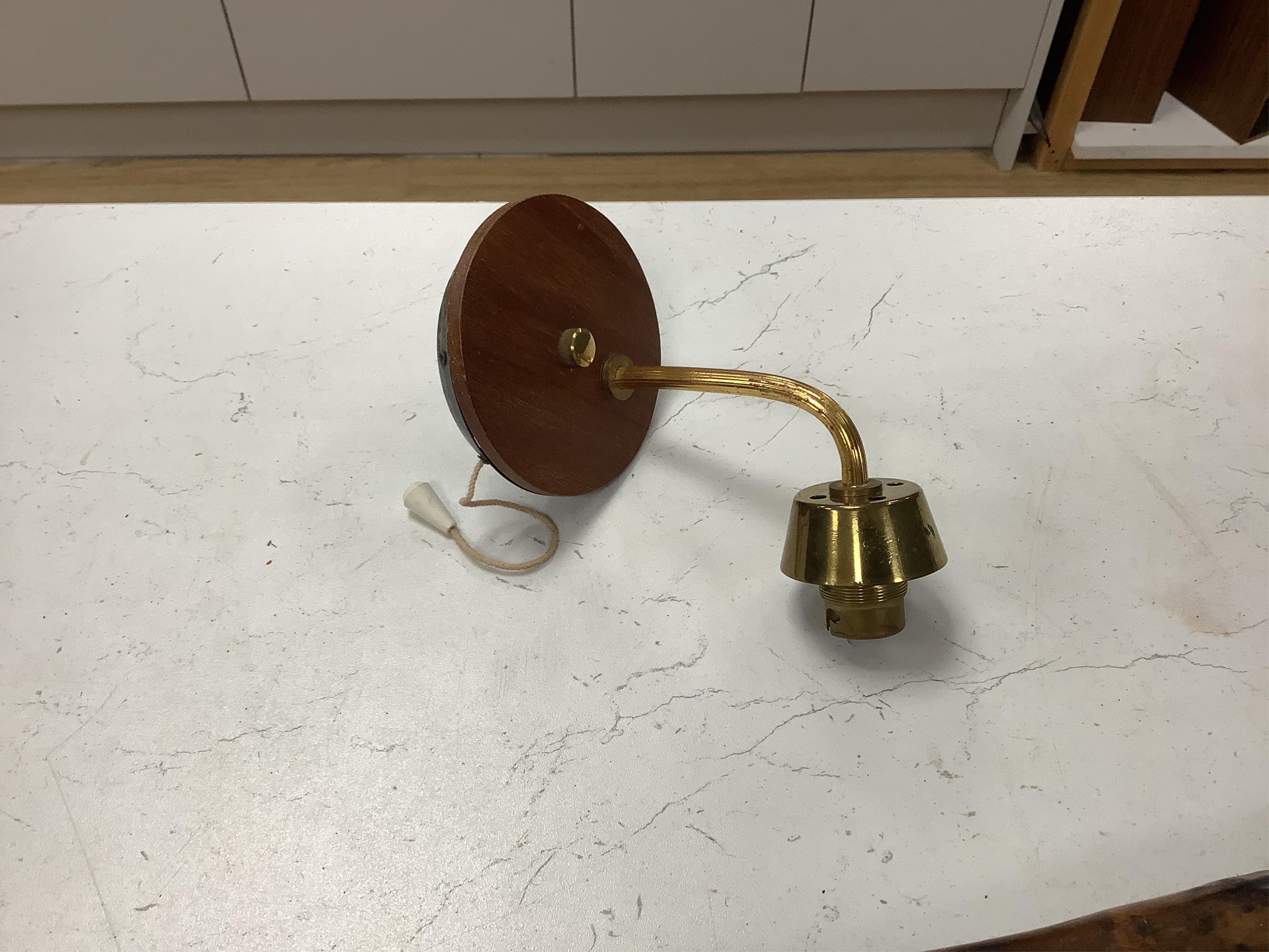 A pair of mid-century ceiling pendant chandeliers, one 5 light, the other 3 light, and a single matching wall light. All shades unbroken. Condition - fair/good, untested
